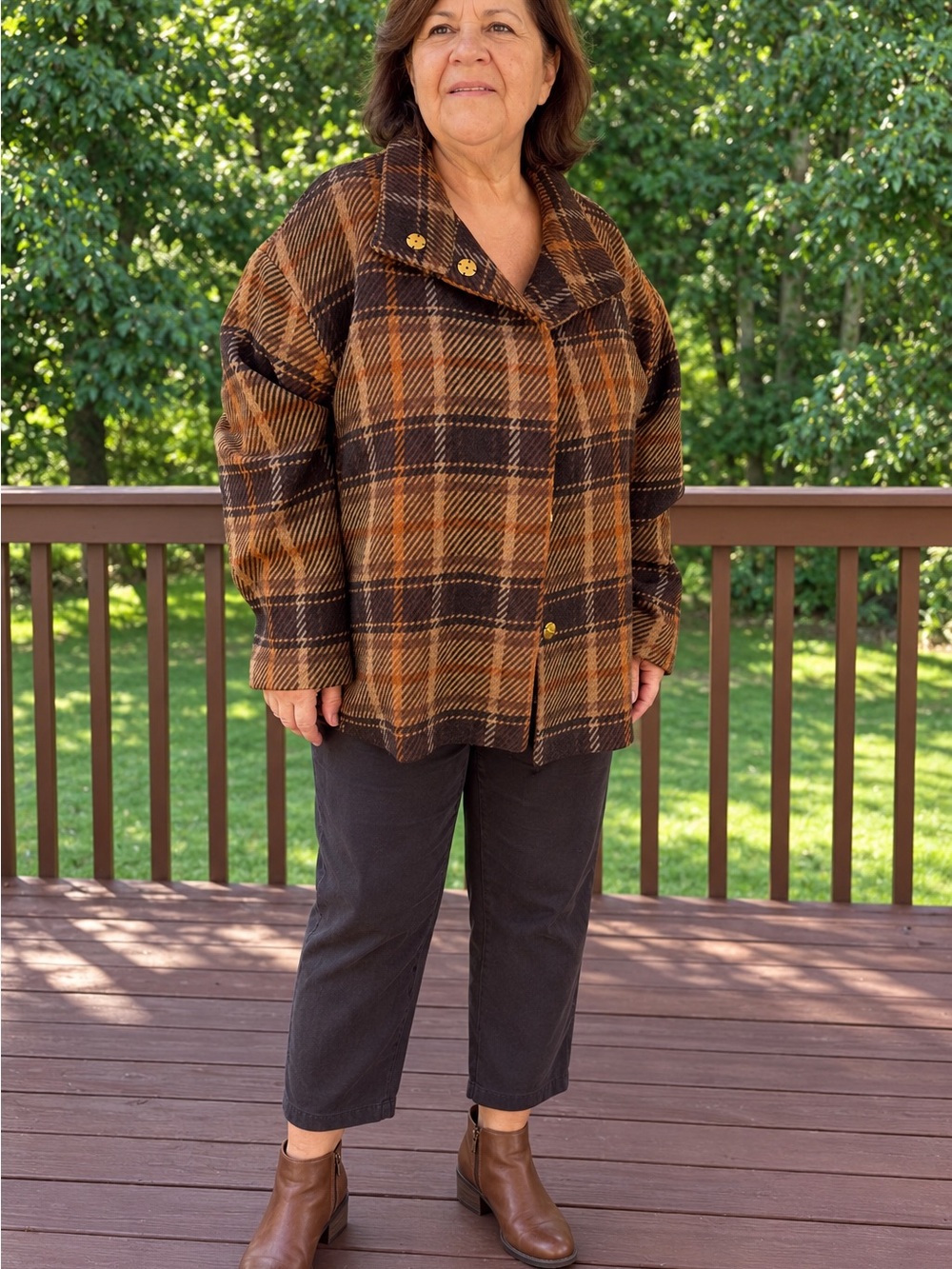 Susan Graver Brown Plaid Button-Front Pea Coat